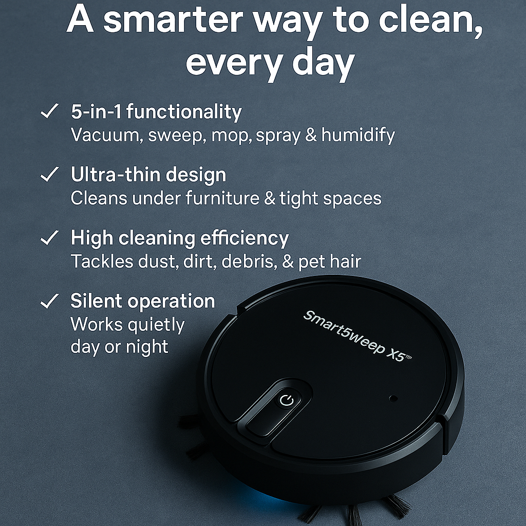 SmartSweep X5™ 5-in-1 Robot Vacuum – Vacuum, Mop, Humidify & Quiet Cleaning