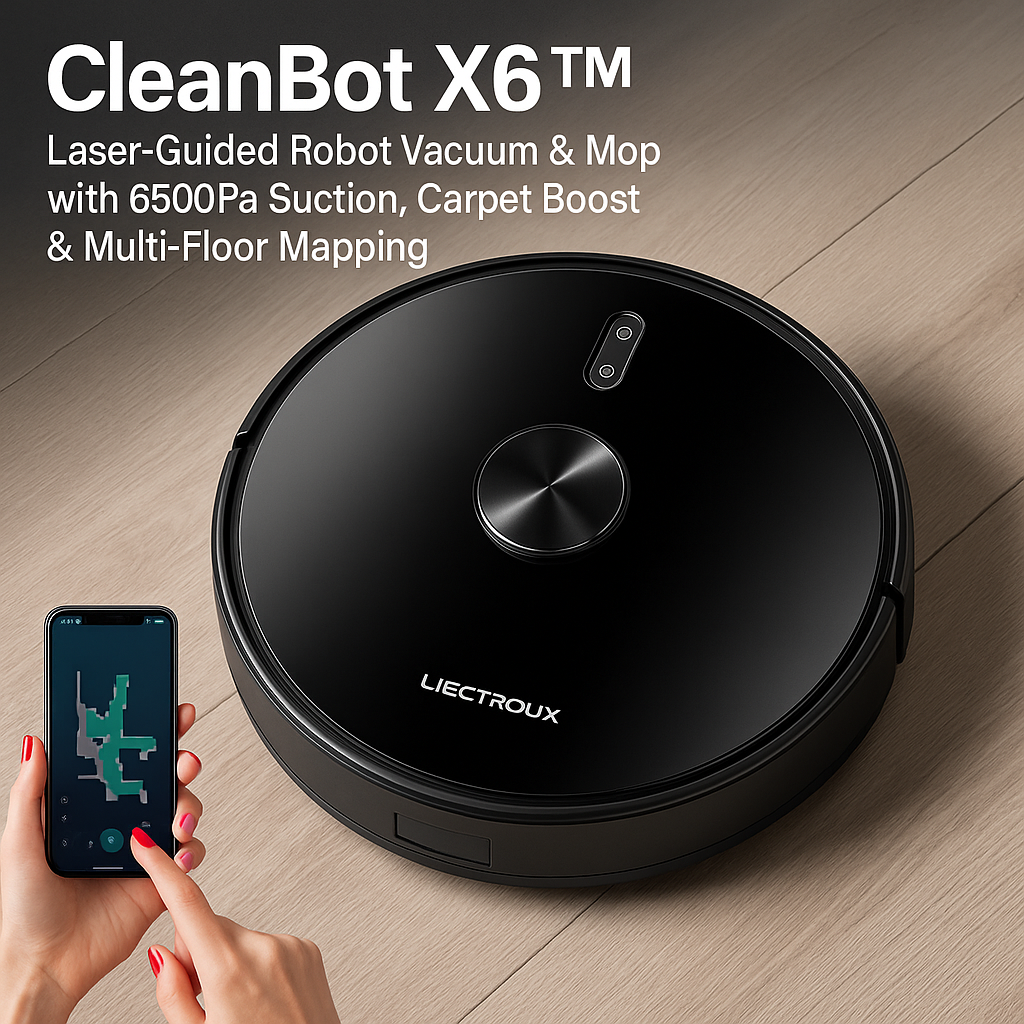 CleanBot X6™ – Laser-Guided Robot Vacuum & Mop with 6500Pa Suction, Carpet Boost & Multi-Floor Mapping