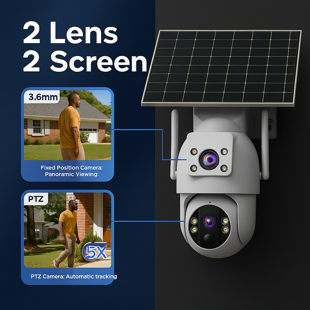 SolarGuard 4K™ by JOOAN – Dual-Lens Outdoor Security Camera with Auto Tracking & Full-Color Night Vision