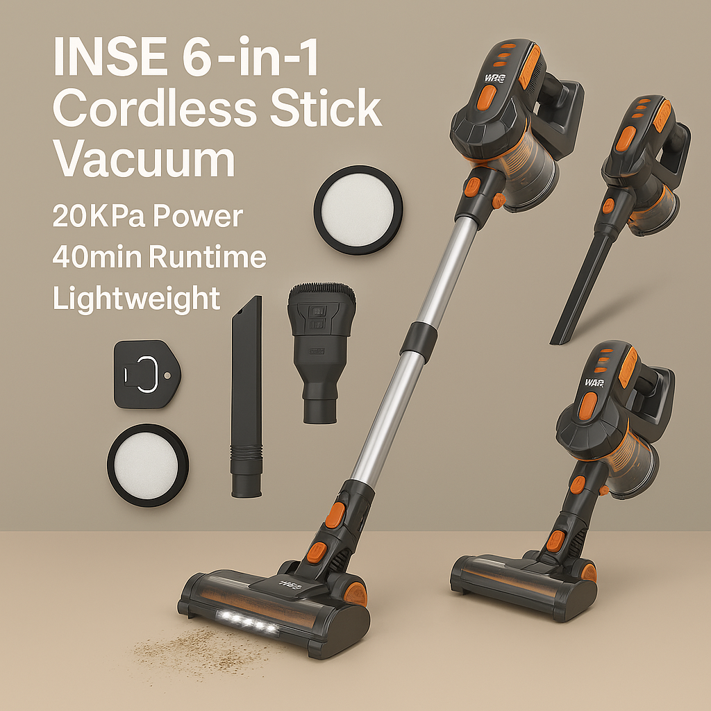 INSE™ 6-in-1 Cordless Stick Vacuum – 20KPa Power, 40min Runtime, Lightweight