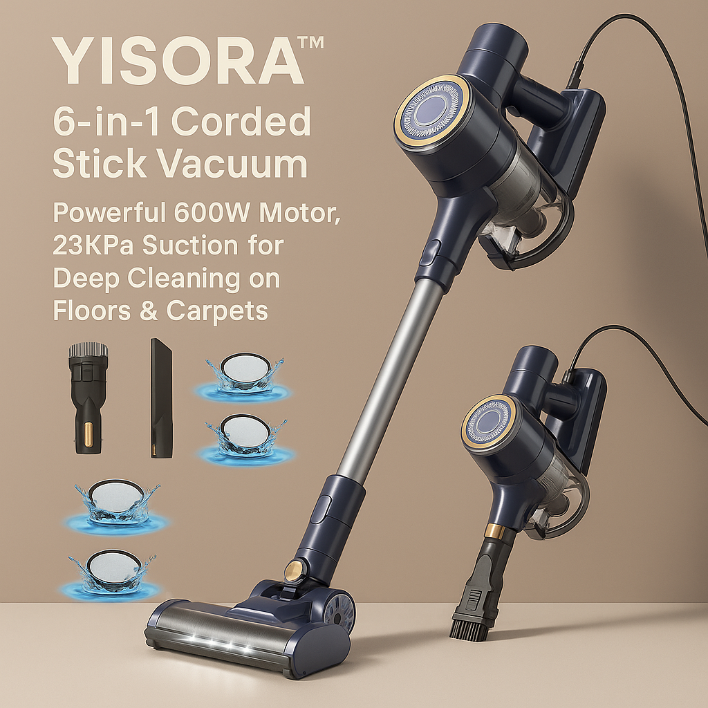 YISORA™ 6-in-1 Corded Stick Vacuum – 600W, 23KPa Suction, for Floor & Carpet