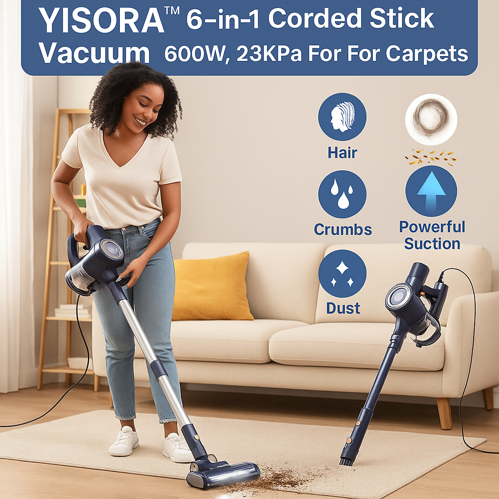 YISORA™ 6-in-1 Corded Stick Vacuum – 600W, 23KPa Suction, for Floor & Carpet