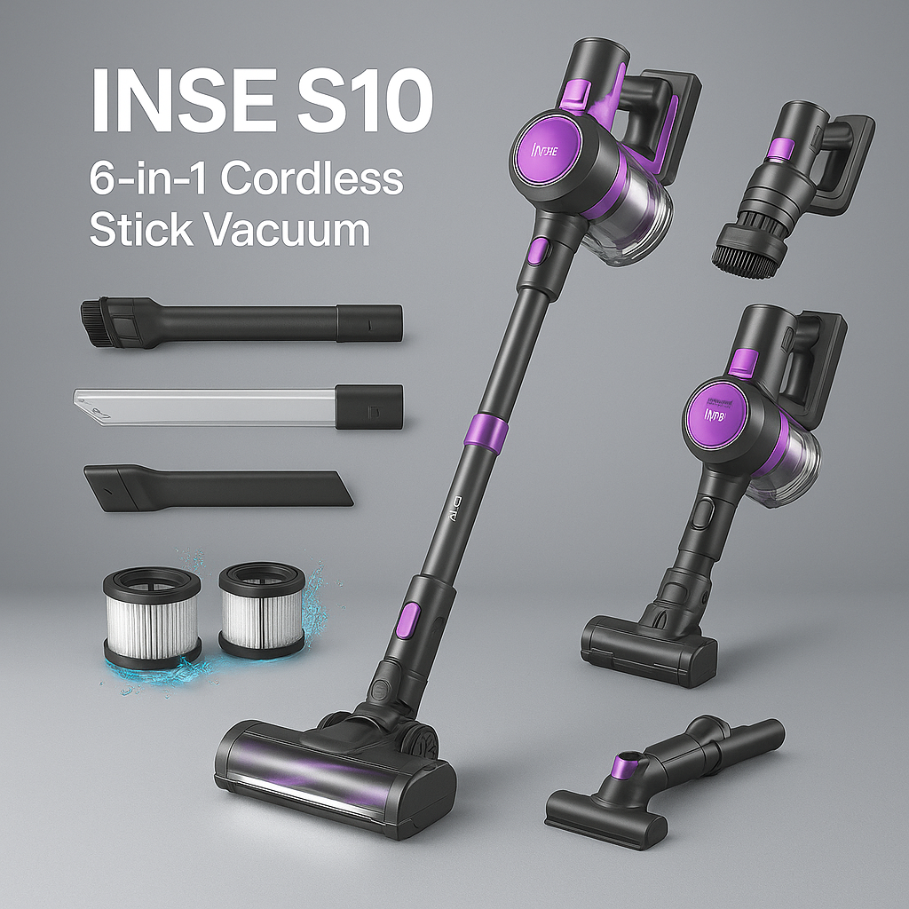 INSE S10™ 6-in-1 Cordless Stick Vacuum – 45KPa Suction, 50 Min Runtime