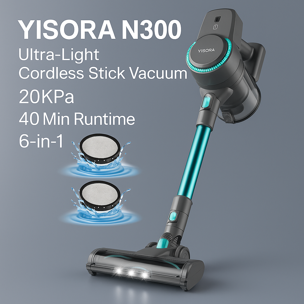 YISORA N300™ Ultra-Light Cordless Stick Vacuum – 20KPa, 40 Min Runtime, 6-in-1 for Carpet, Hard Floors & Pet Hair