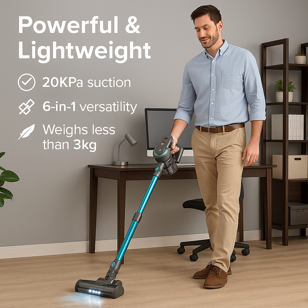 YISORA N300™ Ultra-Light Cordless Stick Vacuum – 20KPa, 40 Min Runtime, 6-in-1 for Carpet, Hard Floors & Pet Hair