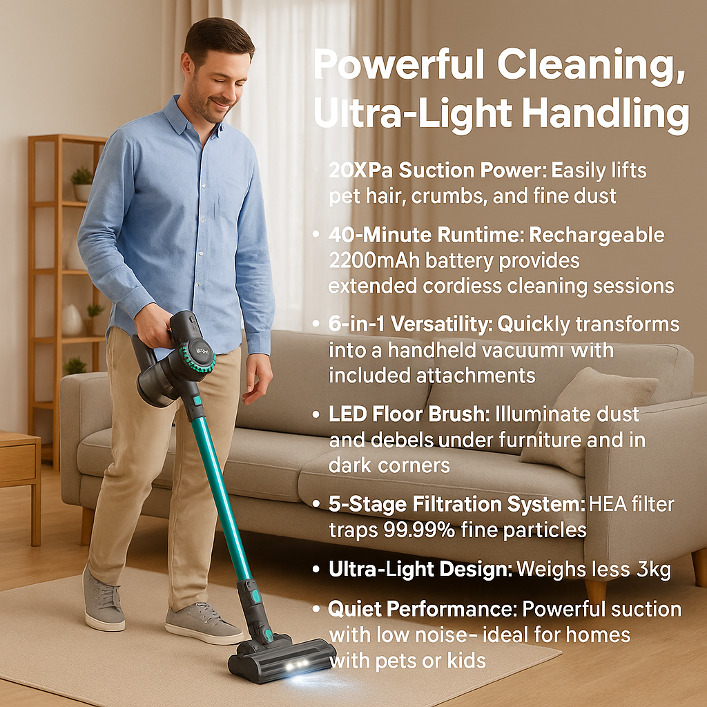 YISORA N300™ Ultra-Light Cordless Stick Vacuum – 20KPa, 40 Min Runtime, 6-in-1 for Carpet, Hard Floors & Pet Hair