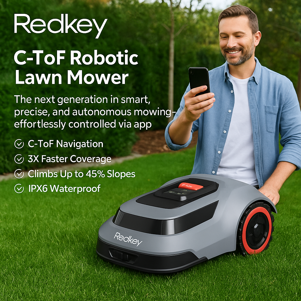 Redkey™ C-TOF Robotic Lawn Mower – 45% Slope Climb, Smart App, Auto-Cut, IPX6 Waterproof