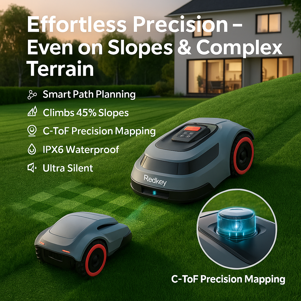 Redkey™ C-TOF Robotic Lawn Mower – 45% Slope Climb, Smart App, Auto-Cut, IPX6 Waterproof