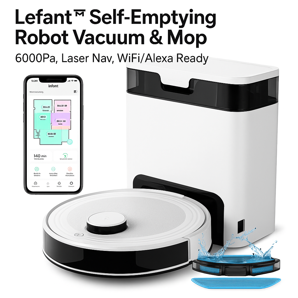 Lefant™ Self-Emptying Robot Vacuum & Mop – 6000Pa, Laser Nav, WiFi/Alexa Ready