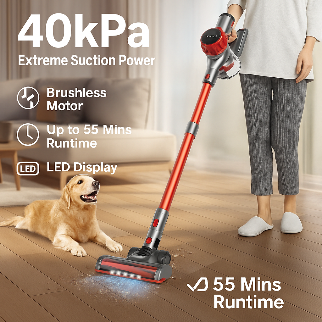 YISORA™ Cordless Vacuum – 40KPa Suction, 55 Min Runtime, Touchscreen, Pet & Carpet Ready