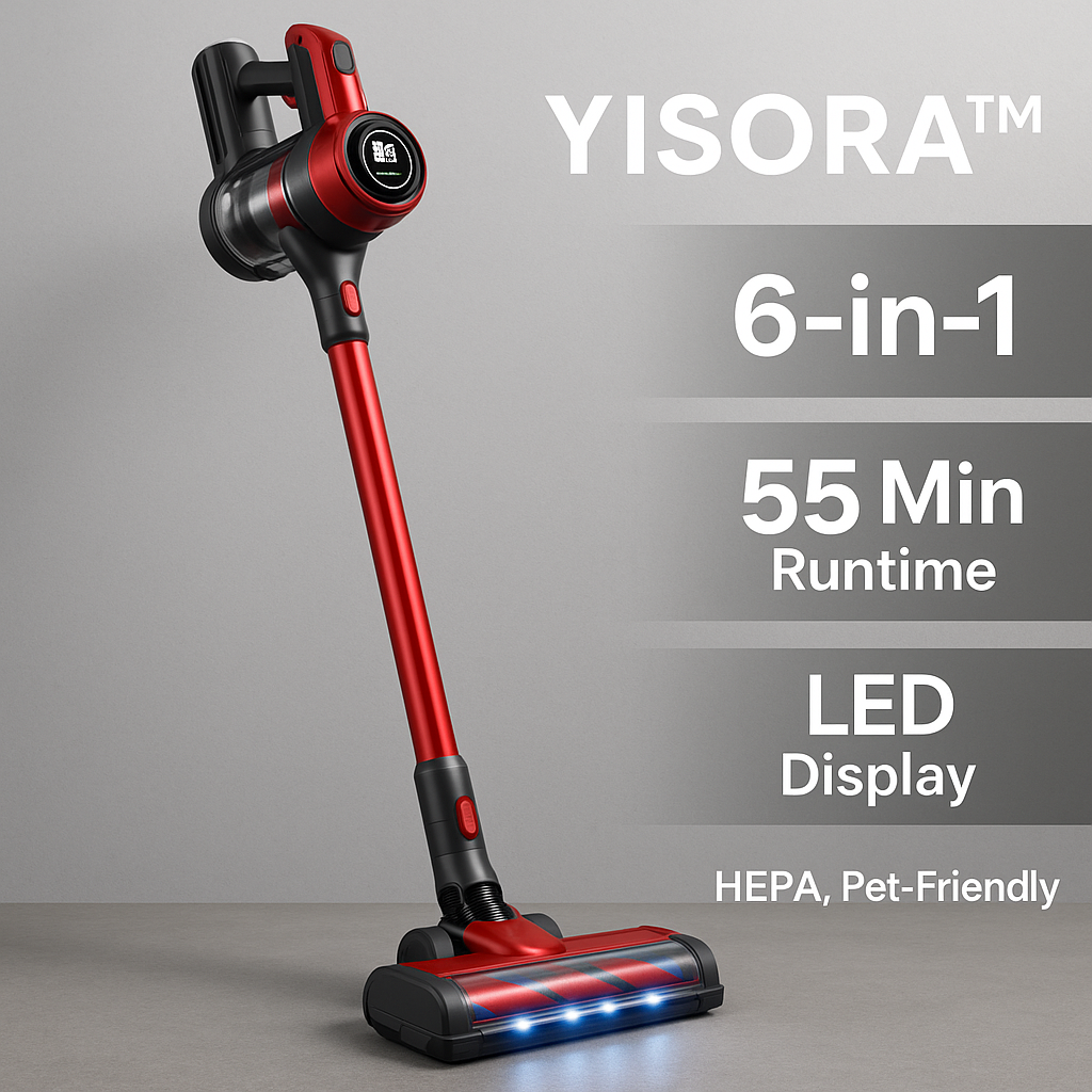 YISORA™ Cordless Vacuum – 40KPa Suction, 55 Min Runtime, Touchscreen, Pet & Carpet Ready