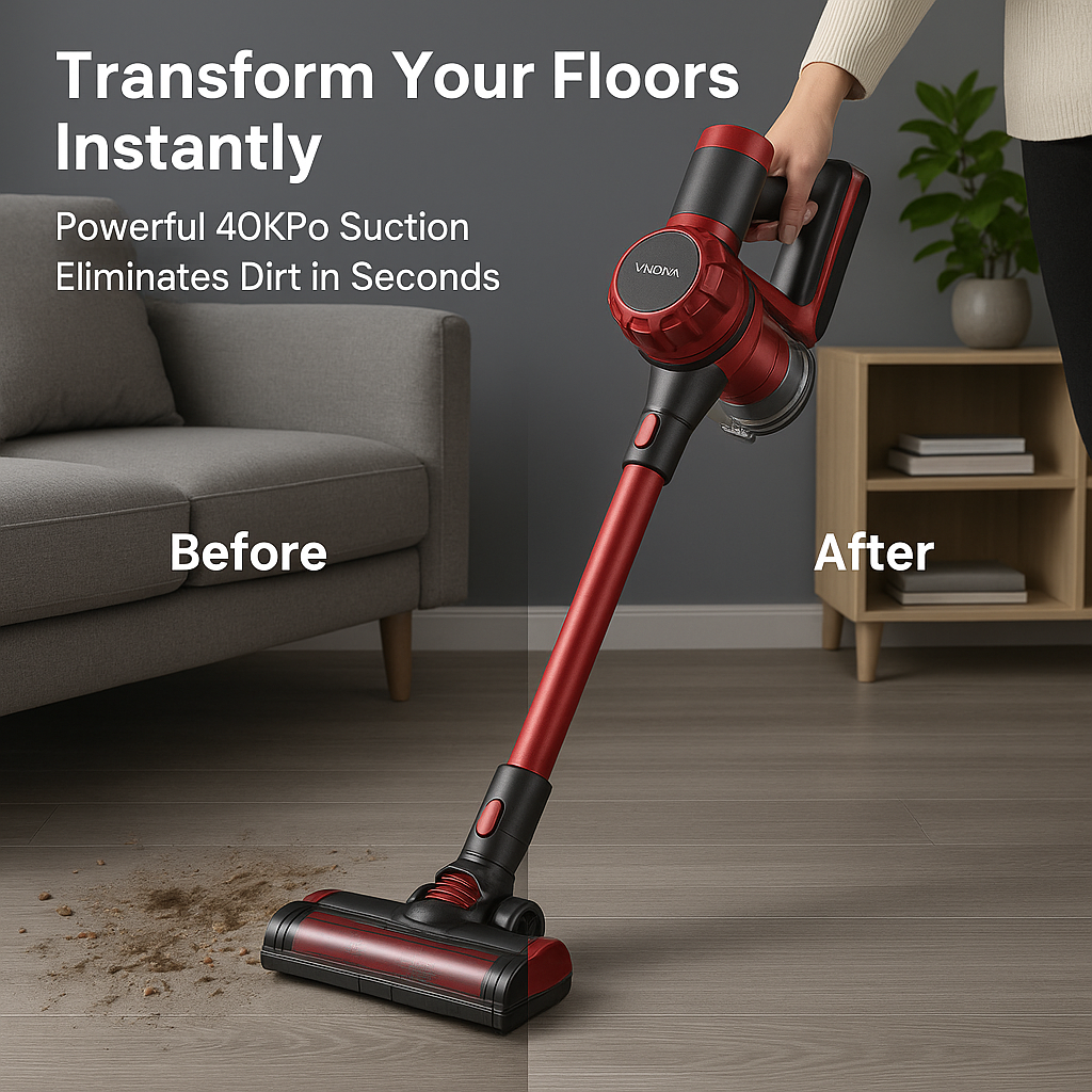 YISORA™ Cordless Vacuum – 40KPa Suction, 55 Min Runtime, Touchscreen, Pet & Carpet Ready