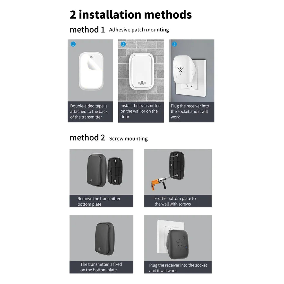 Lunzo Self-Powered Wireless Doorbell – Waterproof, 150M Range, 38 Chimes, No Battery Needed
