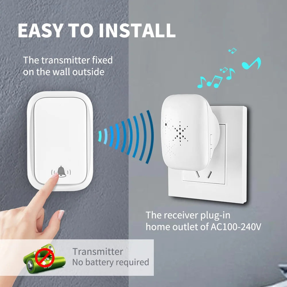 Lunzo Self-Powered Wireless Doorbell – Waterproof, 150M Range, 38 Chimes, No Battery Needed