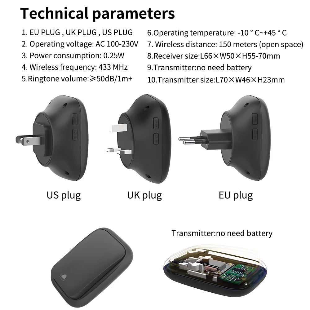 Lunzo Self-Powered Wireless Doorbell – Waterproof, 150M Range, 38 Chimes, No Battery Needed