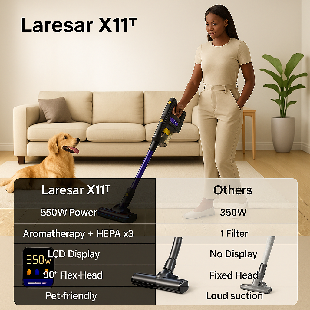 Laresar X11™ – 55000Pa Smart Cordless Vacuum | 60 Min Runtime & LED Floor Brush