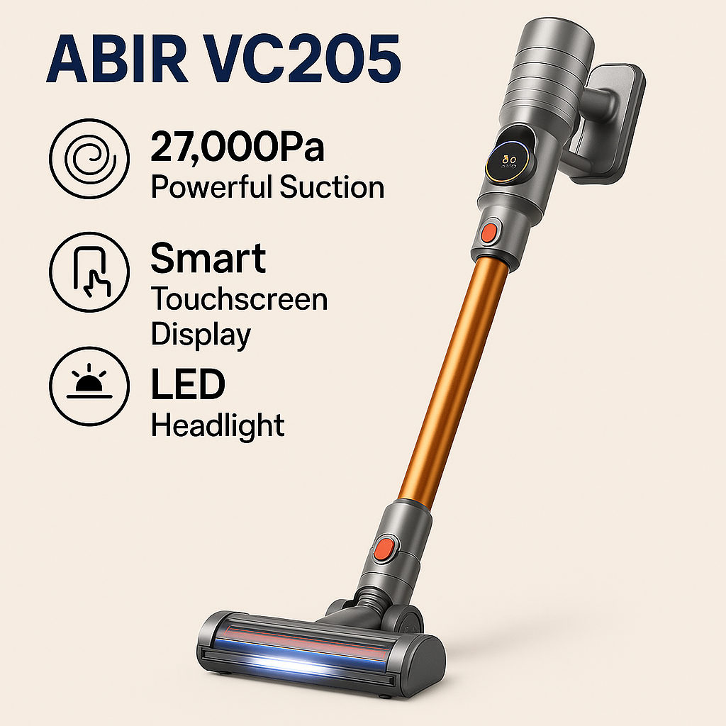 ABIR VC205™ – 27,000Pa Cordless Smart Vacuum with Auto Dust Detection & HEPA Filtration