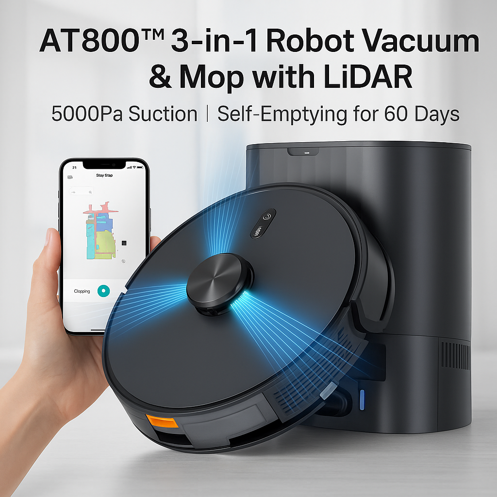 AT800™ 3-in-1 Robot Vacuum & Mop with LiDAR – 5000Pa Suction, Self-Emptying for 60 Days, Alexa & App Control
