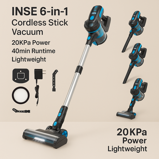 INSE™ 6-in-1 Cordless Stick Vacuum – 20KPa Power, 40min Runtime, Lightweight