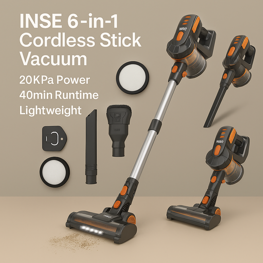 INSE™ 6-in-1 Cordless Stick Vacuum – 20KPa Power, 40min Runtime, Lightweight