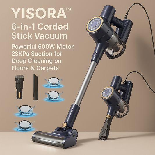 YISORA™ 6-in-1 Corded Stick Vacuum – 600W, 23KPa Suction, for Floor & Carpet