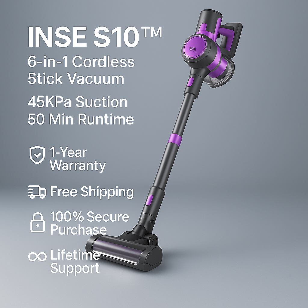 INSE S10™ 6-in-1 Cordless Stick Vacuum – 45KPa Suction, 50 Min Runtime