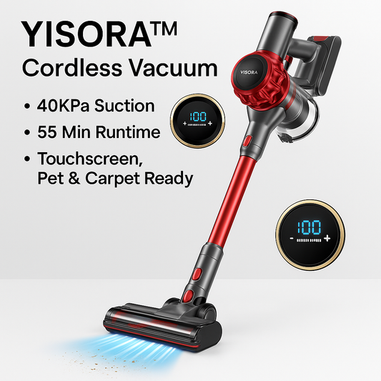 YISORA™ Cordless Vacuum – 40KPa Suction, 55 Min Runtime, Touchscreen, Pet & Carpet Ready