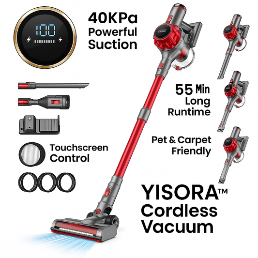 YISORA™ Cordless Vacuum – 40KPa Suction, 55 Min Runtime, Touchscreen, Pet & Carpet Ready