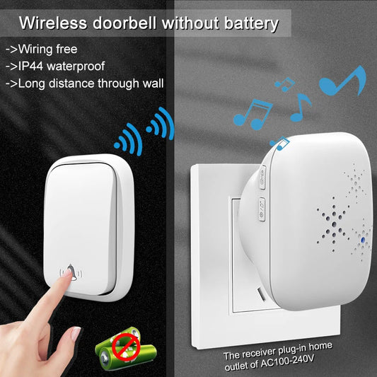 Lunzo Self-Powered Wireless Doorbell – Waterproof, 150M Range, 38 Chimes, No Battery Needed