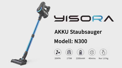 YISORA N300™ Ultra-Light Cordless Stick Vacuum – 20KPa, 40 Min Runtime, 6-in-1 for Carpet, Hard Floors & Pet Hair